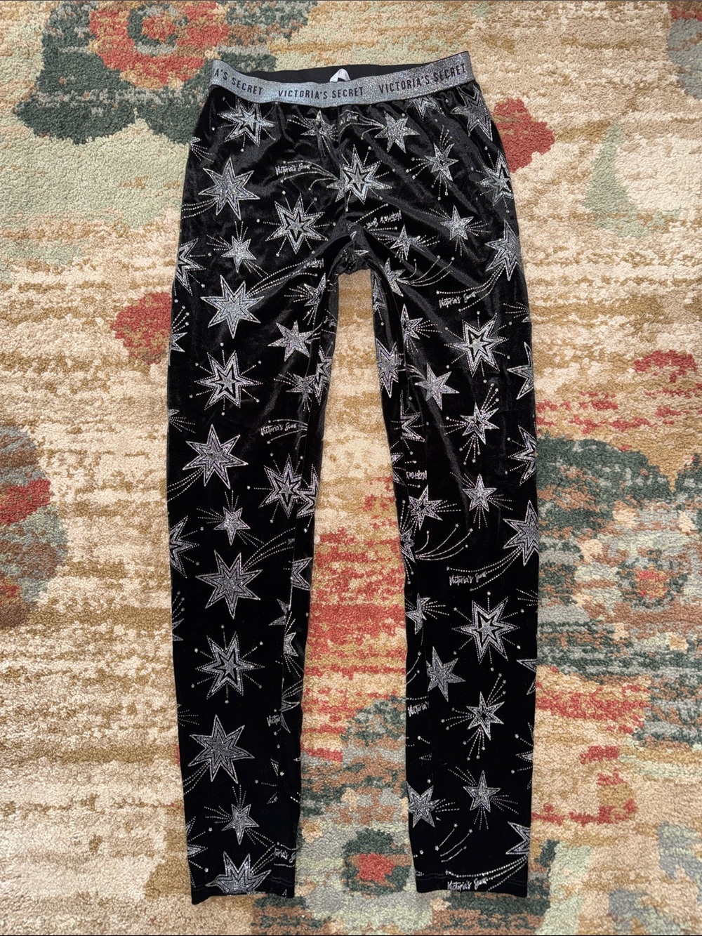 Victoria's Secret sparkly velvet Black Leggings with Silver Star Print